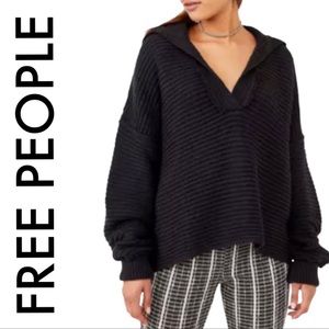 FREE PEOPLE NWT BLACK LONG SLEEVE DEEP V NECK COLLARED SWEATER SIZE MEDIUM